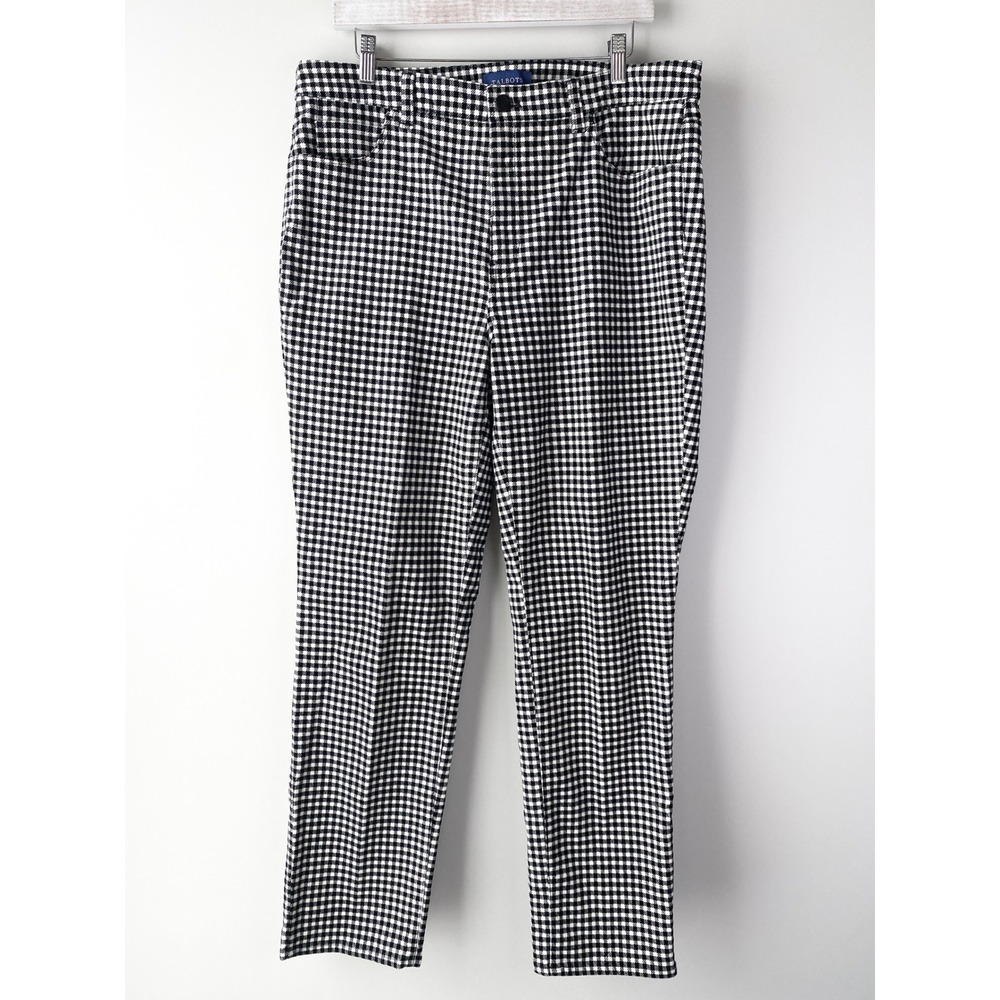 Talbots Women High Waist Straight Leg Gingham Pants 14 Black White Velvet Office